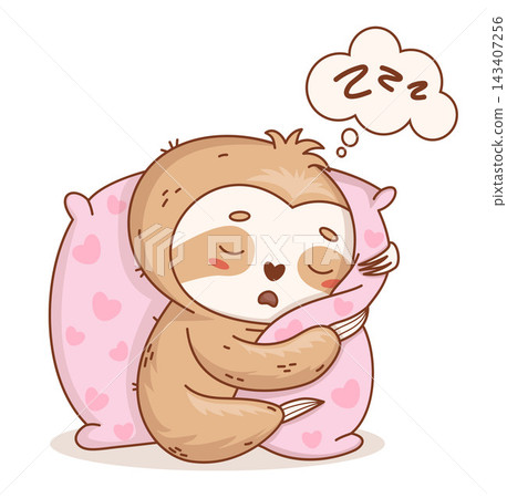 Cute Lazy Kawaii Sitting Sloth Snoring Asleep and Sleeping Hugging Big Romantic Pink Pillow With Speech Bubble zzz. Cozy Animal Character Dreaming. Vector Illustration. Sweet Dream and Rest. Cute Lazy Kawaii Sitting Sloth Snoring Asleep and Sleeping Hugging Big Romantic Pink Pillow With Speech Bubble zzz. Cozy Animal Character Dreaming. Vector Illustration. Sweet Dream and Rest. 143407256