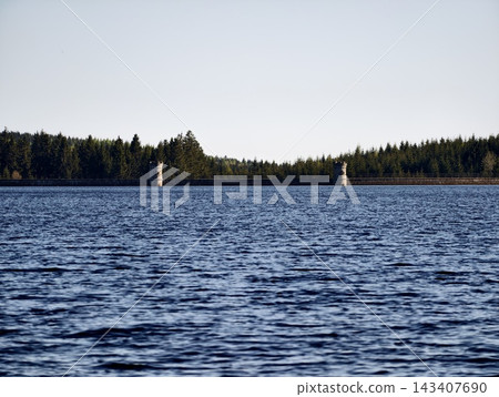 Two signs near tranquil lake. Duo of markers positioned near serene water with pine trees in backdrop Two signs near tranquil lake. Duo of markers positioned near serene water with pine trees in backdrop 143407690