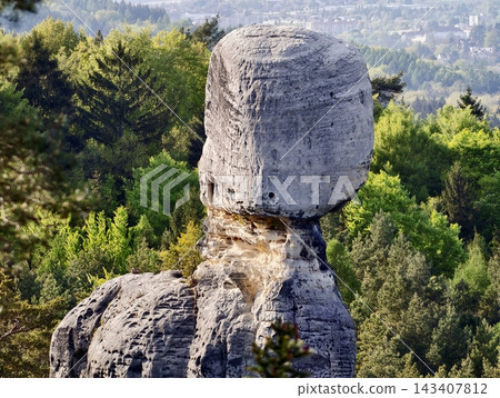 Evening view of tranquil landscape. Peaceful scene with illuminated natural formations at dusk Evening view of tranquil landscape. Peaceful scene with illuminated natural formations at dusk 143407812