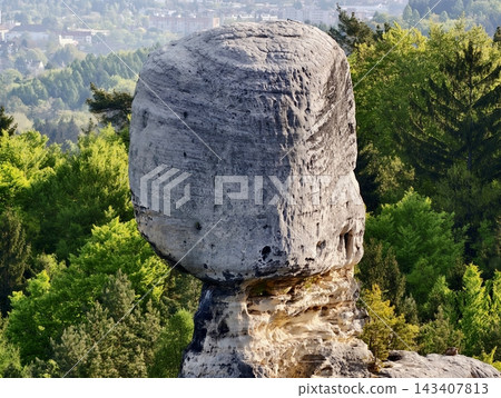 Prominent mushroomshaped rock overlooking trees with detailed weathering and striking visual presence Prominent mushroomshaped rock overlooking trees with detailed weathering and striking visual presence 143407813