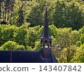 Church tower scenery. Mosscovered belfry exudes rustic charm within peaceful village landscape 143407842