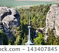 Historic church steeple set amongst vast rocky landscape inspiring heritage and journey narratives 143407845