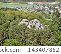 Ancient rocks amid lush forest. Mosscovered boulders and cliffs peering through forest canopy 143407852
