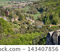 Idyllic countryside with picturesque views. Peaceful village nestled amidst fertile forest and hills 143407856