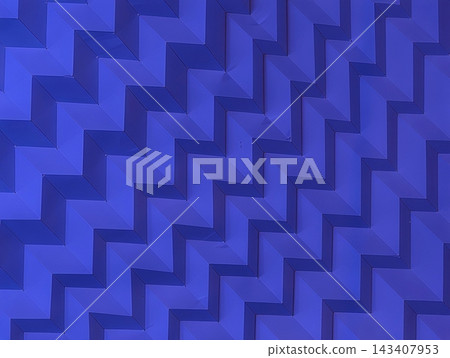 Blue geometric tiled pattern with repeating cuboid facets creating deep surface texture on angular panel wall closeup with abstract tessellated geometry and shadows 143407953