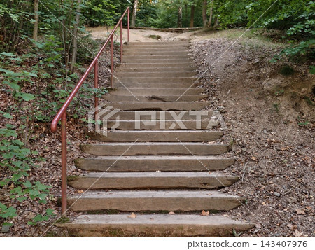 Outdoor stone steps with rusty red handrail descending through lush forest path, weathered concrete staircase surrounded by green ferns and pine shade Outdoor stone steps with rusty red handrail descending through lush forest path, weathered concrete staircase surrounded by green ferns and pine shade 143407976