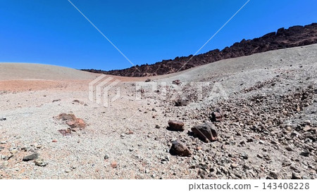 A Barren Landscape Features Rocky Terrain Set Against a Clear, Expansive Blue Sky Above A Barren Landscape Features Rocky Terrain Set Against a Clear, Expansive Blue Sky Above 143408228