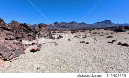 Expansive Barren Desert Landscape Featuring Rocky Terrain Beneath Clear Blue Skies Expansive Barren Desert Landscape Featuring Rocky Terrain Beneath Clear Blue Skies 143408339