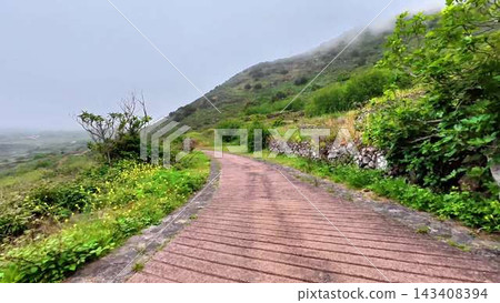 A Scenic Mountain Pathway Winding Through Lush Greenery Surrounded by Enveloping Fog A Scenic Mountain Pathway Winding Through Lush Greenery Surrounded by Enveloping Fog 143408394