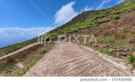 A scenic sloped pathway surrounded by lush greenery, vibrant vegetation, and bright skies A scenic sloped pathway surrounded by lush greenery, vibrant vegetation, and bright skies 143408466