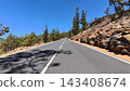Experience the Scenic Mountain Road, surrounded by a Lush Forest and Clear Blue Skies above you 143408674