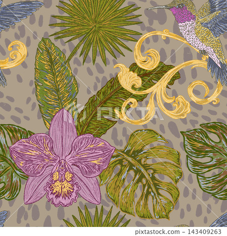 seamless pattern with tropical plants and flowers 143409263