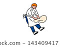 Flat vector illustration of a male baker (chef) kneading bread dough. 143409417