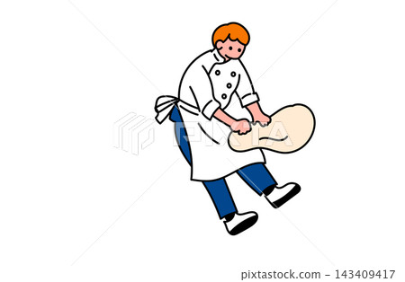 Flat vector illustration of a male baker (chef) kneading bread dough. Flat vector illustration of a male baker (chef) kneading bread dough. 143409417
