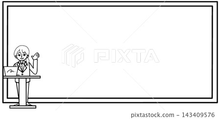 Message frame for a businesswoman working on a computer in front of a whiteboard, giving introductions and information (black and white, coloring page) Message frame for a businesswoman working on a computer in front of a whiteboard, giving introductions and information (black and white, coloring page) 143409576