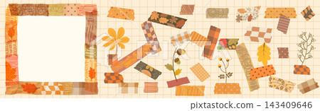 Square vector frame in warm autumn colors with washi tape pieces and fall leaves, Cute set for Thanksgiving and Harvest journaling and scrapbooking Square vector frame in warm autumn colors with washi tape pieces and fall leaves, Cute set for Thanksgiving and Harvest journaling and scrapbooking 143409646
