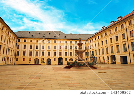 Prague Castle's Second Courtyard and Kohl Fountain, one of the world's largest castles, are located in Prague, the capital of the Czech Republic. Prague Castle's Second Courtyard and Kohl Fountain, one of the world's largest castles, are located in Prague, the capital of the Czech Republic. 143409862