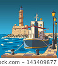 Color Vector Illustration of Chania Lighthouse and Boat, Crete, Greece 143409877