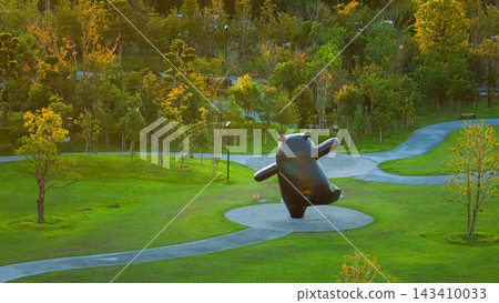 Yatsushiro, Kumamoto Pref, Japan - Oct 9 2024, panoramic aerial view of giant Kumamon bear sculpture, mascot of Kumamoto Prefecture, located in a park in Yatsushiro Port, at daytime, Yatsushiro, Japan Yatsushiro, Kumamoto Pref, Japan - Oct 9 2024, panoramic aerial view of giant Kumamon bear sculpture, mascot of Kumamoto Prefecture, located in a park in Yatsushiro Port, at daytime, Yatsushiro, Japan 143410033