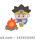 A hero with an expressionless face sitting by a campfire 143410342