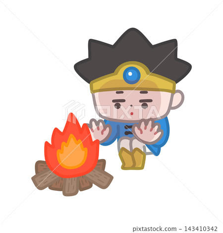 A hero with an expressionless face sitting by a campfire A hero with an expressionless face sitting by a campfire 143410342