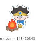 A brave warrior shivering uncontrollably as he warms himself by the campfire. 143410343