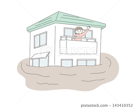 An illustration of a woman calling for help from the second floor of her house, which has been flooded. An illustration of a woman calling for help from the second floor of her house, which has been flooded. 143410352