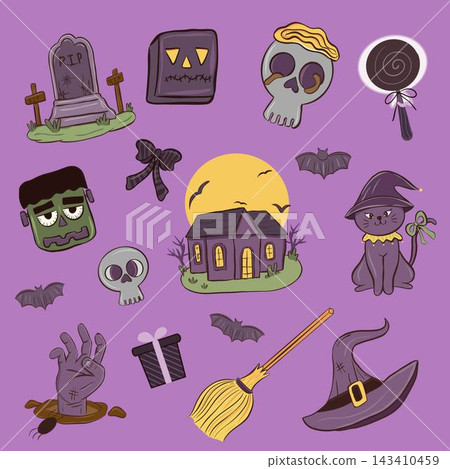 Cute Halloween elements vector set with haunted house, witch cat, and spooky icons Cute Halloween elements vector set with haunted house, witch cat, and spooky icons 143410459