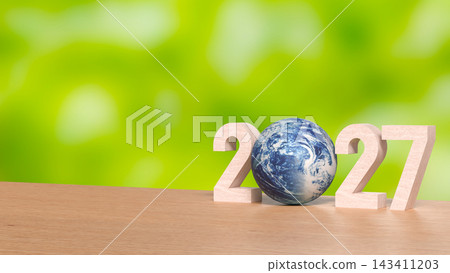 Planet Earth Replaces the Zero in a Wooden 2027 Display 3d render. Planet Earth Replaces the Zero in a Wooden 2027 Display 3d render. 143411203