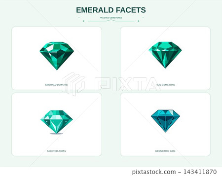 Four Emerald Green Faceted Gemstone Illustrations Four Emerald Green Faceted Gemstone Illustrations 143411870