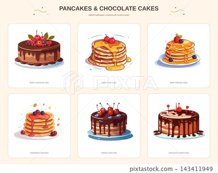 Berry Pancake Stacks and Chocolate Cakes Illustration Set Berry Pancake Stacks and Chocolate Cakes Illustration Set 143411949