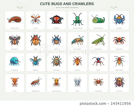 Colorful Insects Beetles Spiders and Crawlers Illustration Set 143411956