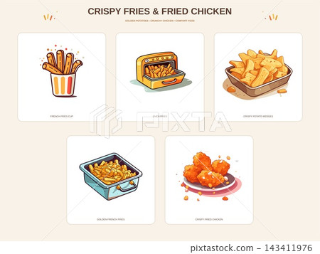 Crispy Fries Fried Chicken and Takeaway Snack Illustrations 143411976