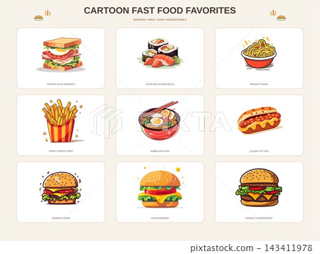 Cartoon Burgers Sushi Sandwich Fries and Noodles Collection Cartoon Burgers Sushi Sandwich Fries and Noodles Collection 143411978