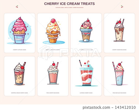 Cherry Topped Ice Cream and Pink Milkshake Illustration Set 143412010
