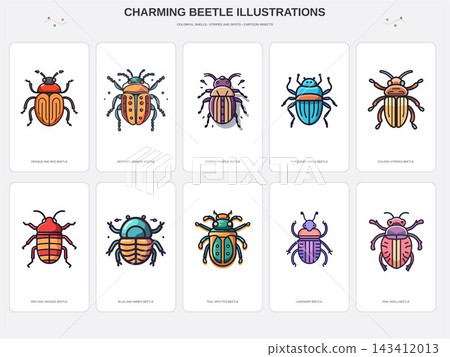 Ten Charming Beetle Illustrations with Bright Shell Patterns Ten Charming Beetle Illustrations with Bright Shell Patterns 143412013