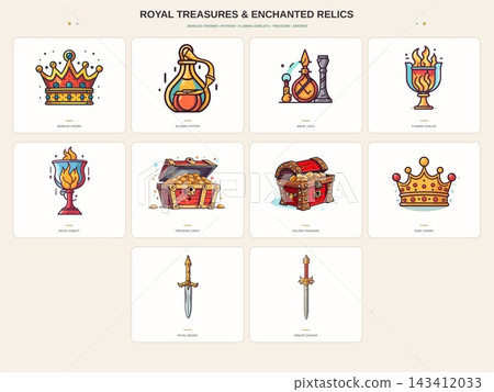 Royal Crowns Treasure Chests Potions and Enchanted Relic Icons 143412033