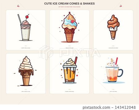 Cute Ice Cream Cones Sundaes and Milkshake Illustration Set Cute Ice Cream Cones Sundaes and Milkshake Illustration Set 143412048