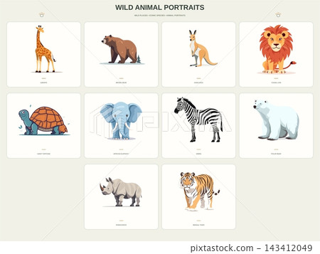 Wild Animal Illustrations with Giraffe Lion Elephant and Tiger Wild Animal Illustrations with Giraffe Lion Elephant and Tiger 143412049