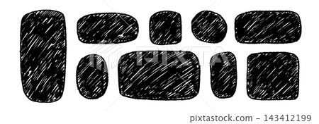 Hand drawn crayon text box frame set. Black brush stroke doodle border collection. Rough texture edge rectangle or square shapes. Vector pastel chalk sketch scribbles for sticker, patch, label Hand drawn crayon text box frame set. Black brush stroke doodle border collection. Rough texture edge rectangle or square shapes. Vector pastel chalk sketch scribbles for sticker, patch, label 143412199