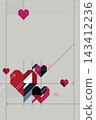 Abstract geometric hearts with arrows on gray background modern retro style vertical template have blank space. 143412236