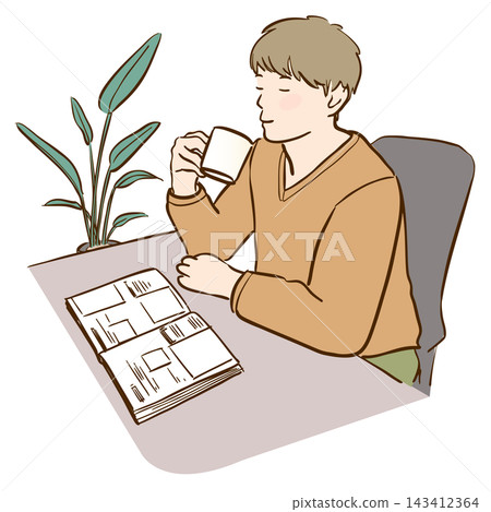 一幅描繪男子放鬆地喝飲料的插圖。 一幅描繪男子放鬆地喝飲料的插圖。 143412364
