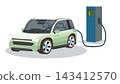 Modern light green electric car parked and charging. Parked for charging at an EV charging station within an indoor area or a clean well presented studio. 143412570
