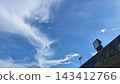 Wispy white clouds drift across a clear blue sky above an old stadium floodlight 143412766