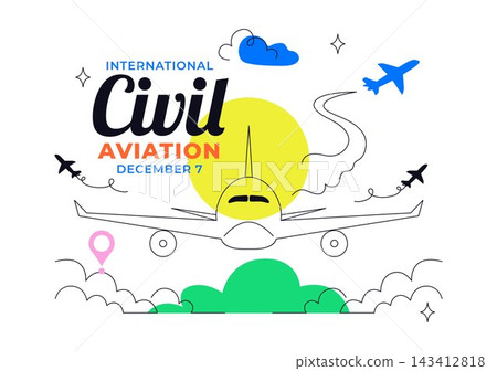 International Civil Aviation Day Vector Illustration featuring Airplane, Airport, Flight Travel, Clouds, Global Transportation, and Aviation Industry International Civil Aviation Day Vector Illustration featuring Airplane, Airport, Flight Travel, Clouds, Global Transportation, and Aviation Industry 143412818