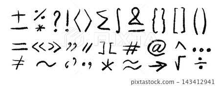 Black hand drawn punctuation marks and math signs set. Rough charcoal brackets, question mark, exclamation point and quotation symbols. Sketched mathematical element bundle. Vector pack Black hand drawn punctuation marks and math signs set. Rough charcoal brackets, question mark, exclamation point and quotation symbols. Sketched mathematical element bundle. Vector pack 143412941
