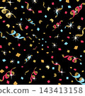 Black square background with ribbons and confetti. 143413158