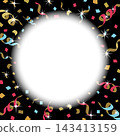Square background with ribbons and confetti, black and white in the center. 143413159