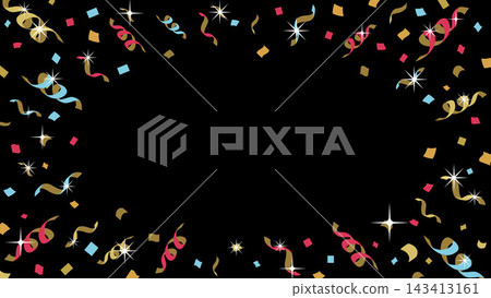Black square background with ribbons and confetti. Black square background with ribbons and confetti. 143413161