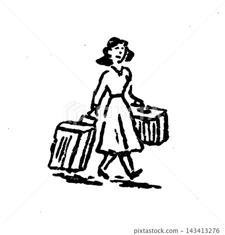 Hand Drawn Lady with Suitcases Vector Drawing Hand Drawn Lady with Suitcases Vector Drawing 143413276